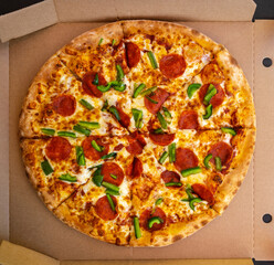 Pepperoni or Diabola Pizza in Delivery Box Top View
