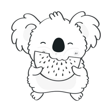 Clipart Koala Coloring Page in Cartoon Style. Cute Clip Art Koala Bear Black and White Eating Watermelon. Vector Illustration of an Animal for Stickers, Baby Shower Invitation, Prints for Clothes