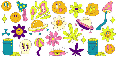 Retro acid trippy set hippy style. Vector y2k hippie elements set. Fun groovy retro clipart elements. Summer flower clipart. Trippy smile trendy. Daisy, cannabis and ufo bright color.