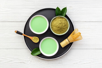 Matcha tea. Tea ceremony with dry powder and hot drink