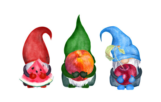 Gnomes set with fruits - watermelon, peach, cherry. Watercolor cartoon people with summer berries