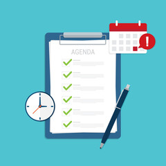 Agenda list on clipboard. Meeting agenda. Reminder with a event list and schedule. Presentation with memo.