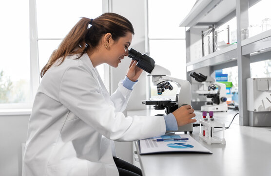 science research, work and people concept - smiling female scientist with microscope working in laboratory