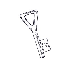 Black and white outlined drawing of door key in vintage style. Contoured engraving. Detailed retro etching, woodcut of unlocking item with triangle bow. Isolated hand-drawn vector illustration