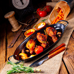 grilled chicken legs in barbecue marinade with sweet potatoes