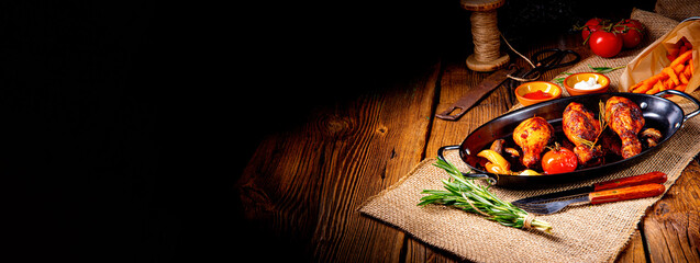 grilled chicken legs in barbecue marinade with sweet potatoes