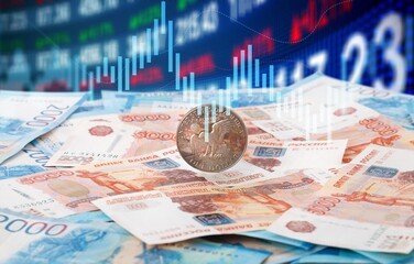 Russian ruble. The rise of the ruble exchange rate. Payment for gas in Russian currency concept
