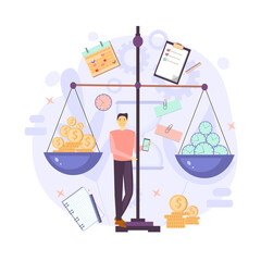 Productivity vector illustration. Scales. Effective time management elements for your design. Planning tasks, activities, schedules, working time. Characters people at work.