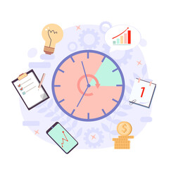 Productivity vector illustration. Watch. Effective time management elements for your design. Planning tasks, activities, schedules, working time. Characters people at work.