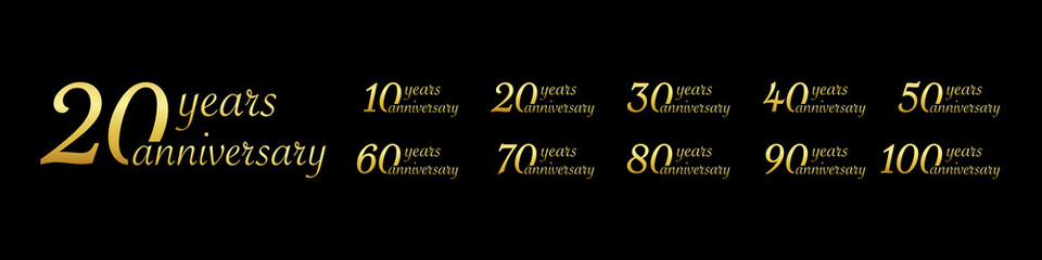Anniversary logo. Anniversary year numbers. Gold birthday numbers. 10, 20, 30, 40, 50, 60, 70, 80, 90 and 100 years. Ribbon for premium, celebrate and wedding. Vector