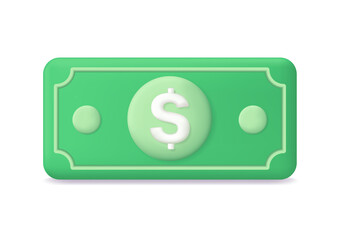 Dollar icon. 3d dollar money. 3d bill. Dollar currency. Cash banknote. Green paper money. Cartoon finance icon for bank, cost and loan. American currency. Vector