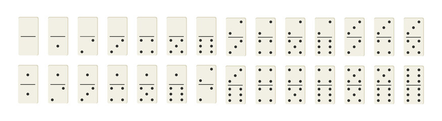 Domino game. Chip of domino. White domino icons isolated on white background. Set of block for gambling. Full series wooden chip. Stone for tournament, casino. Brick for game. Vector