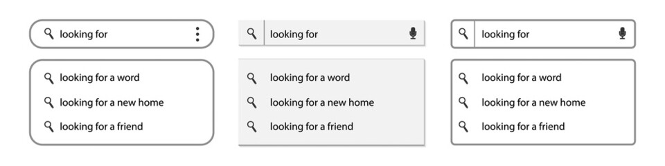 Search Bar With Text Suggestions, Magnifying Glass And Microphone - Different Vector Illustrations Isolated On White Background