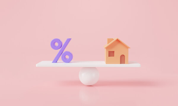 3d Home and Percent Symbol on balancing scale. Interest rate financial and mortgage rates concept. Real estate business mortgage investment and financial loan. New home. 3D icon rendering illustration
