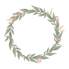 Rustic round wreath with green forest foliage. Pastel floral illustrations for greetings, wallpapers, invitation, wedding stationary, fashion, background.