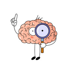 Cute cartoon brain with magnifier on white background. Funny vector illustration. Concept of idea,  intellect, human mind, search for ideas. Heath body and medicine.