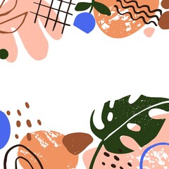 Abstract card design with modern creative elements, leaf, flower. Minimal contemporary background with random organic doodle shapes, strokes, grid, dots. Colored flat graphic vector illustration