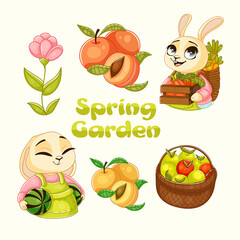 Vector illustration of a farmer bunny, farmer's tools, vegetables, fruits, organic farm products. Collection of characters and items in cartoon style. Agriculture, harvest, groceries.