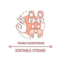 Family acceptance red concept icon. Relationship conflict. LGBT couples issue abstract idea thin line illustration. Isolated outline drawing. Editable stroke. Arial, Myriad Pro-Bold fonts used