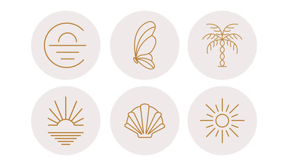 Summer icons depicting dawn, sun and flowers in circles. Vector illustration. Set of icons and emblems for social media news covers. Design Templates for a Yoga Studio and an Astrologer Blogger