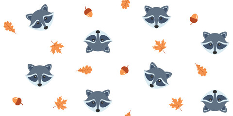 Cute raccoon faces, acorns, oak and maple leaves on a white background. Autumn endless texture with adorable animal. Vector seamless pattern for cover, wrapping paper, packaging or printing on clothes © KuraitennoDesign