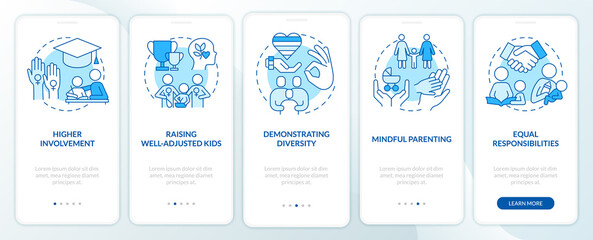 Benefits of same sex parenting blue onboarding mobile app screen. Walkthrough 5 steps editable graphic instructions with linear concepts. UI, UX, GUI template. Myriad Pro-Bold, Regular fonts used