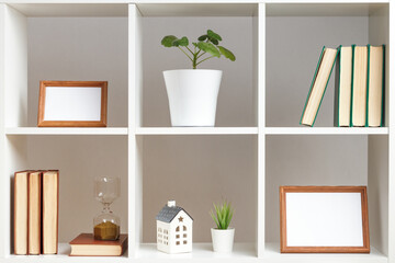 White shelves with potted plants, photo frames, books. Home interior, decor elements.