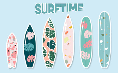 Variety of standing surfboards set. Isolated hand drawn vector surfing boards with monstera and terrazzo print. Summer sports and activities conceptual illustration. Trendy design for web and print.