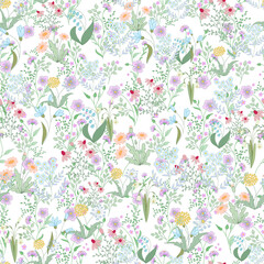 Blooming midsummer meadow seamless pattern. Plant background for fashion, wallpapers, print. A lot of different flowers on the field. Liberty style millefleurs. Trendy floral design