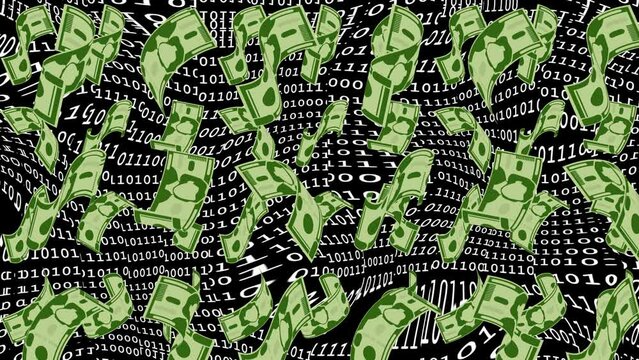 Banknote rain on matrix binary code background, falling dollars, lot of money with online business, jackpot, abundance, trade on net, cryptocurrencies, commerce on internet, successful e-business,gain