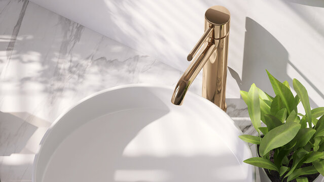 Realistic 3D render topview a round white ceramic wash basin with modern shinny rose gold faucet. Copy space, Morning sunlight, Decor plants, Shadow, Background, Bathroom, Products, Templates, Space.