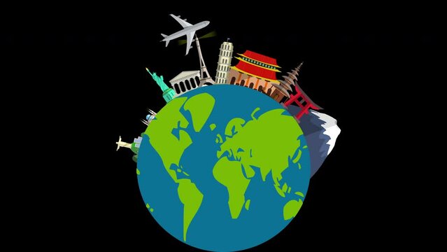 3D airplane flying around the world. 3D cartoon low poly animation travel over the world, low poly earth rotating, world journey animation.