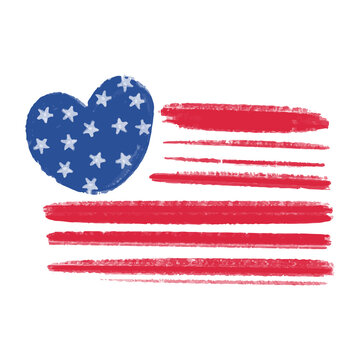 Vector American flag painted in watercolor with a blue heart.