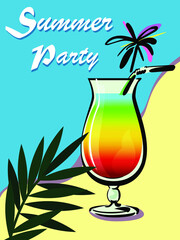 Bright poster illustration with stylized beach and cocktail.Sketch style poster,summer party lettering for holiday,advertising,menu,decoration impressions.