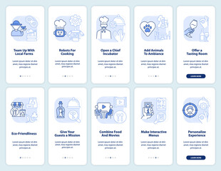Start restaurant business light blue onboarding mobile app screen set. Walkthrough 5 steps editable graphic instructions with linear concepts. UI, UX, GUI template. Myriad Pro-Bold, Regular fonts used