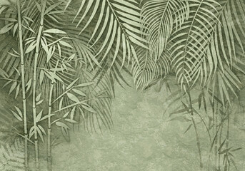 Tropical wallpaper in delicate pastel powdery, monochrome colors. Palm leaves and bamboo. Jungle,...