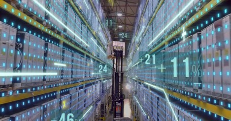 Visualization of modern technologies. Modern forklift in a warehouse. Forklift in a large modern warehouse with graphics - Powered by Adobe