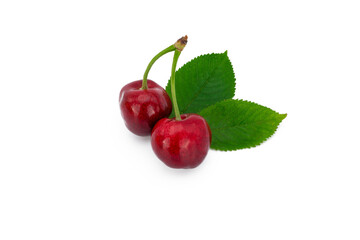 isolated closeup cherries with green leafs fruits cherry white background