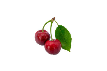 isolated closeup on two cherries with green leaf