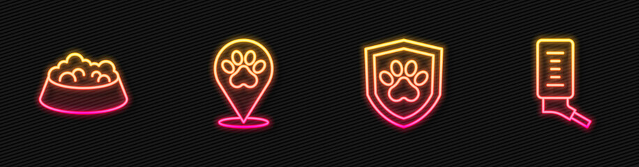 Set line Animal health insurance, Pet food bowl for cat or dog, Location veterinary hospital and Drinker small pets. Glowing neon icon. Vector