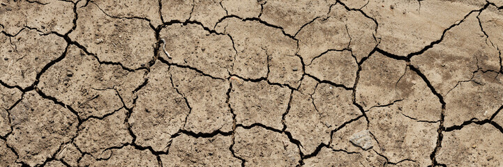 Texture of cracked dried soil. Dry ground with cracks. Brown rough surface of the soil during summer drought. Wide panoramic background for design. Ecology, climate change and global warming on Earth.