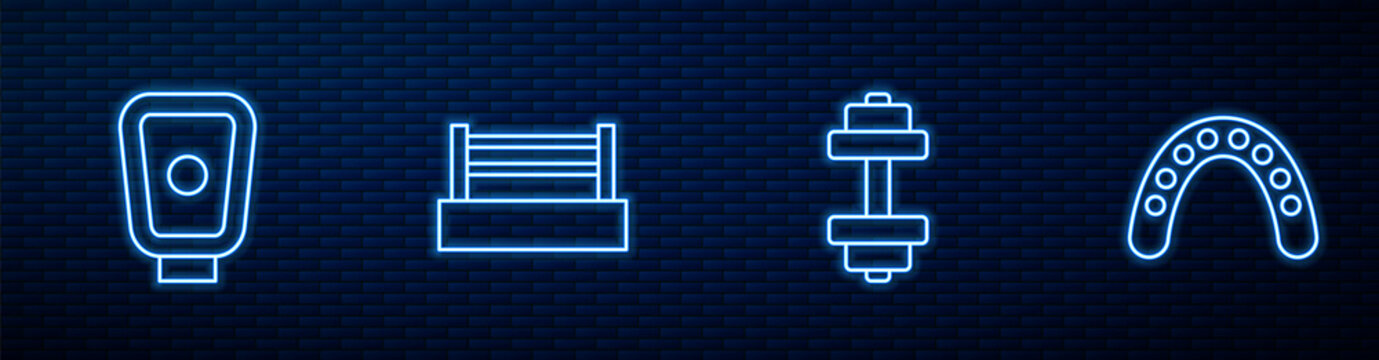 Set line Dumbbell, Boxing training paws, ring and Mouth guard boxer. Glowing neon icon on brick wall. Vector