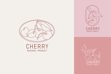 Vector illustration cherry fruits - vintage minimalist style. Logos set composition in retro botanical style.