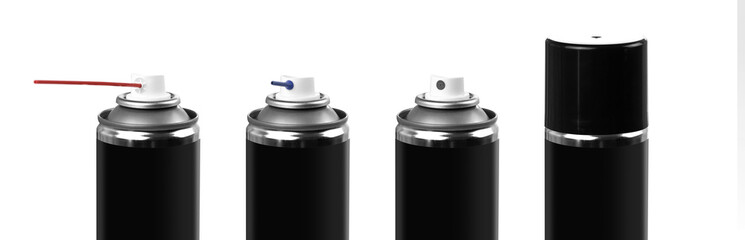 Different aerosol cans. Close up. Isolated on a white background