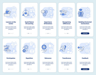 Principles of learning light blue onboarding mobile app screen set. Walkthrough 5 steps editable graphic instructions with linear concepts. UI, UX, GUI template. Myriad Pro-Bold, Regular fonts used