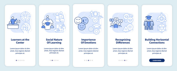 Fototapeta na wymiar Principles, laws of learning light blue onboarding mobile app screen. Walkthrough 5 steps editable graphic instructions with linear concepts. UI, UX, GUI template. Myriad Pro-Bold, Regular fonts used