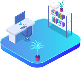 Modern workplace flat design. Office chair and office desk with stack of books in cozy room interior. Furniture and equipment for workplace of employee or office worker, vector interior workspace