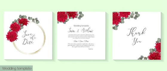 Vector template for wedding invitation. Red dahlia, eucalyptus, green leaves and plants, round gold frame