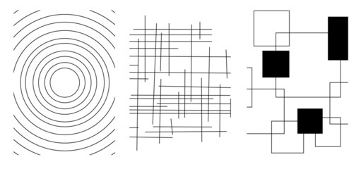 Collection of modern simple monochromatic abstractions with black lines of geometric shapes (circles and squares) on a white background