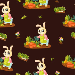 Cute spring seamless pattern on a brown background with cute bunnies and pretty flowers. Texture for scrapbooking, wrapping paper, invitations. Vector illustration.
